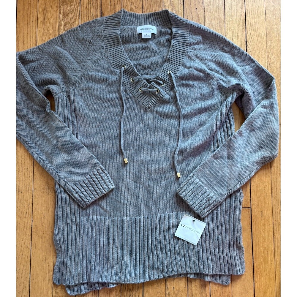 Liz‎ Claiborne Women's Caberet Gray Lace Up Sweater Fall V Neck M Cotton/Acrylic